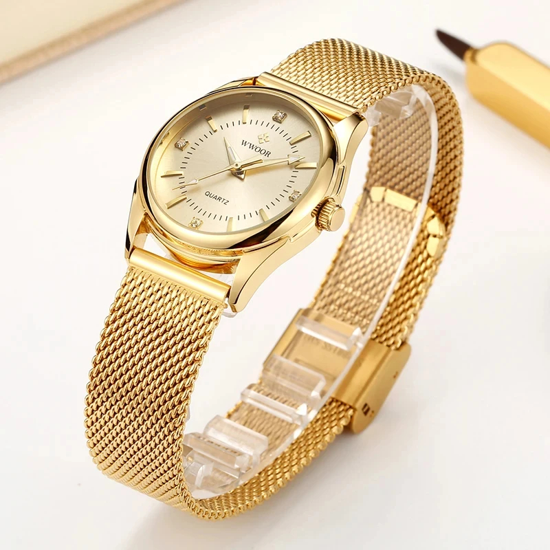 Stainless Mesh Band - Wwoor Merek Mewah Gaun Emas Watch
